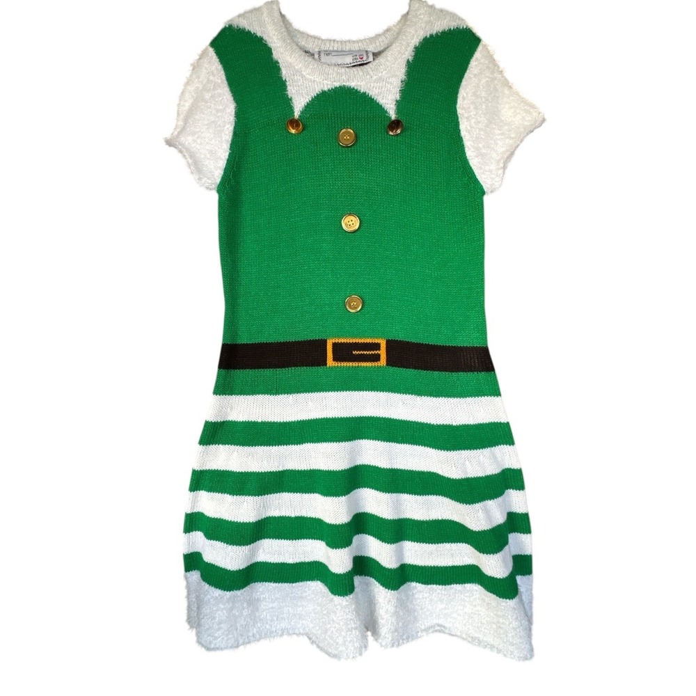 Planet Gold Elf Costume Sweater Dress Christmas Ugly Holiday Green White Youth L